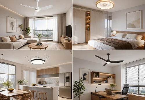 Ceiling fan light applications across modern apartment living spaces