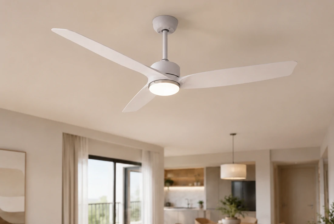 Ceiling fan light showing modern blades, integrated LED lighting, and mounting structure