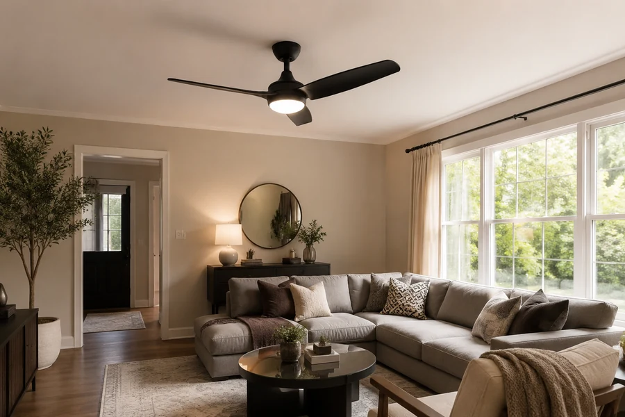 Ceiling fan with light tradeoffs in a living room