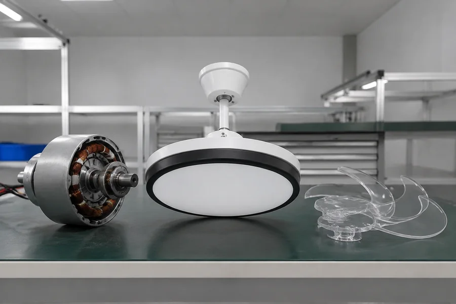 Factory LED and motor quality check for living room ceiling fixtures