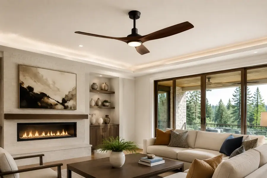 Cheap versus premium ceiling fan look in a high-end living room