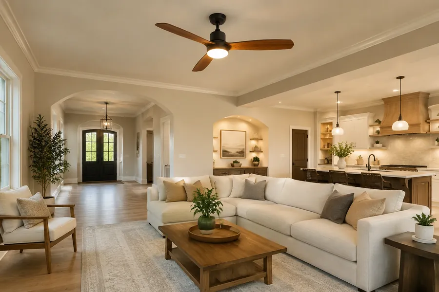 Common great room layout with large ceiling fan