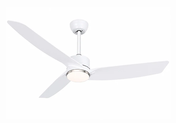 Compact ceiling fan light installed in a small modern apartment bedroom