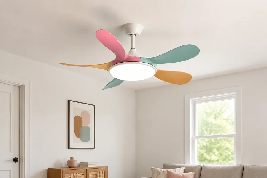 Compact ceiling fan for adjacent low ceiling room