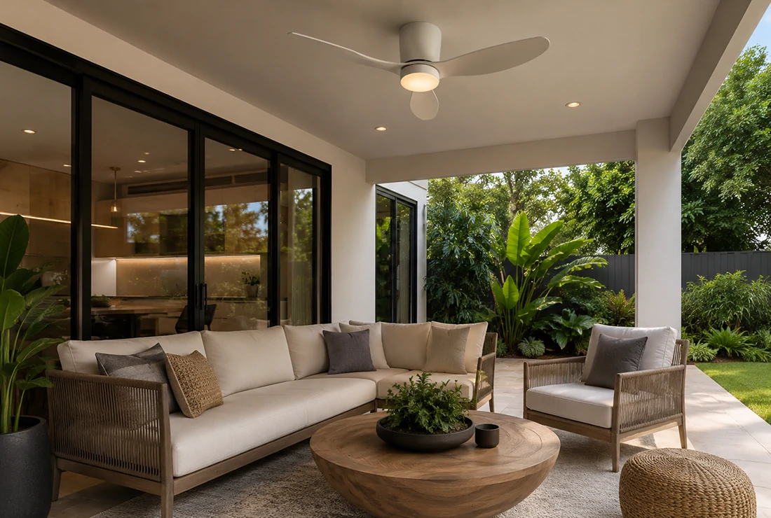 Ceiling fan light providing integrated airflow and lighting for a covered residential patio