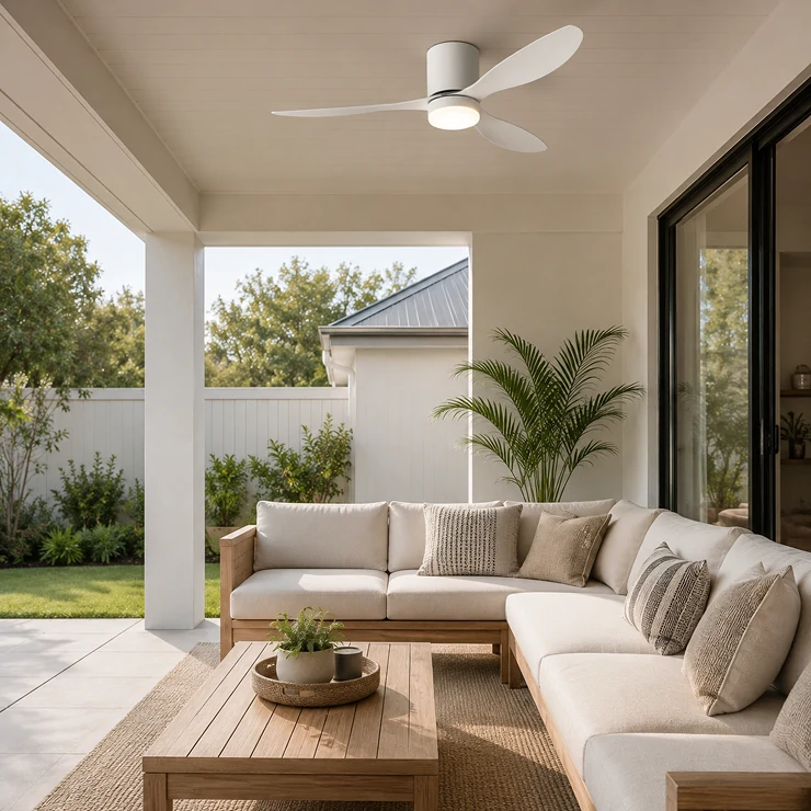 Covered residential patio featuring a contemporary ceiling fan light