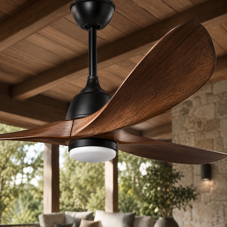 Custom blade design detail for an outdoor ceiling fan light collection