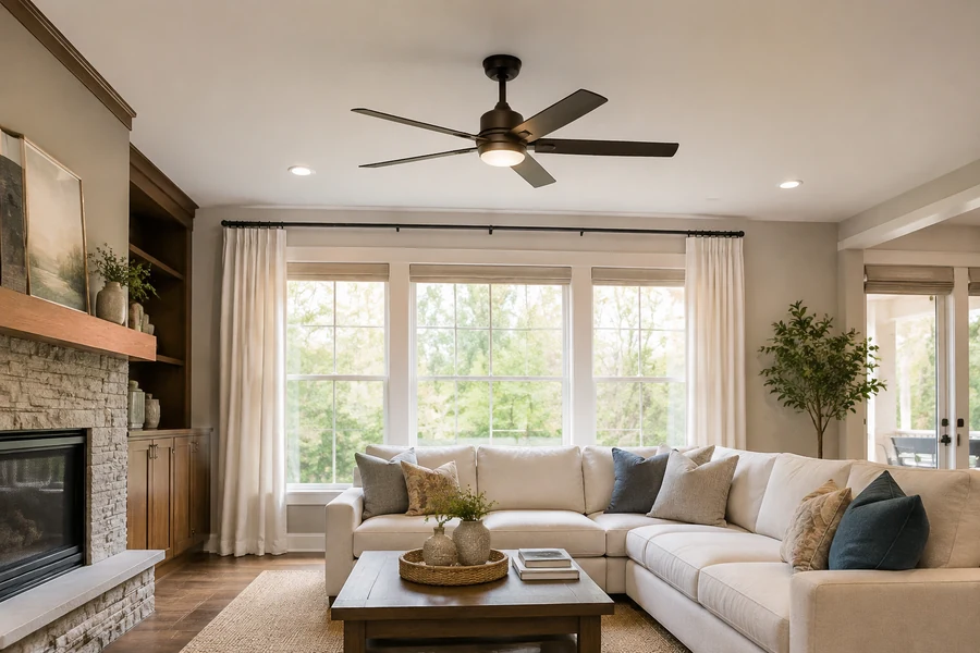 Decorative fandelier airflow path in a living room
