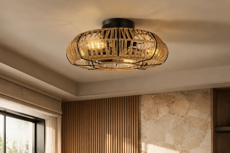 Rattan ceiling fan texture in a luxury interior