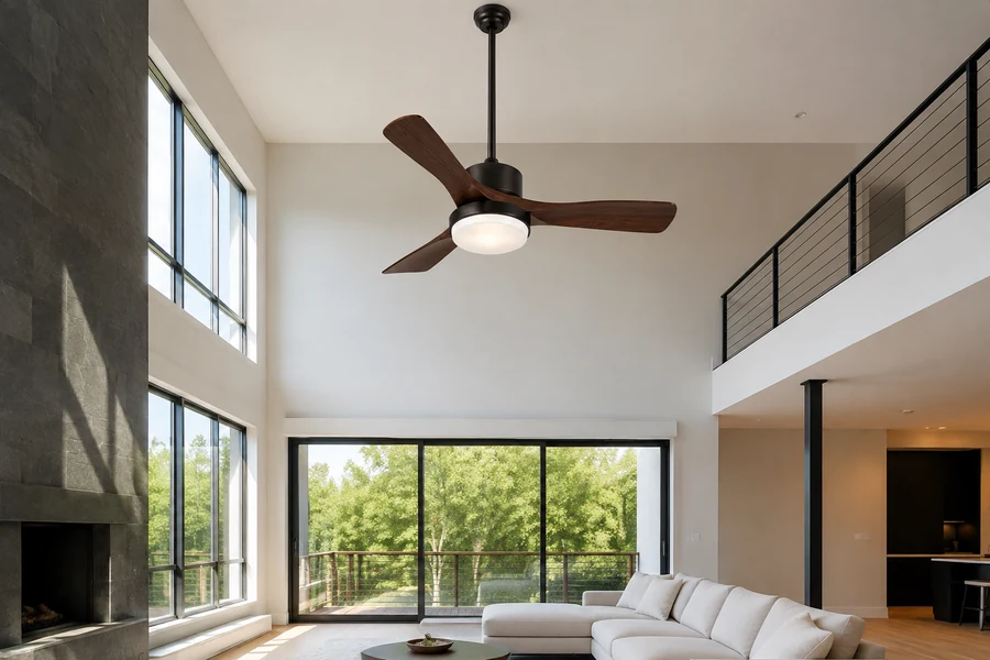 Ceiling height changing fan mounting and airflow in a double-height room