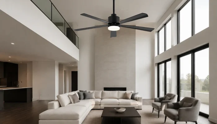 Double-height living room with a correctly scaled large ceiling fan product