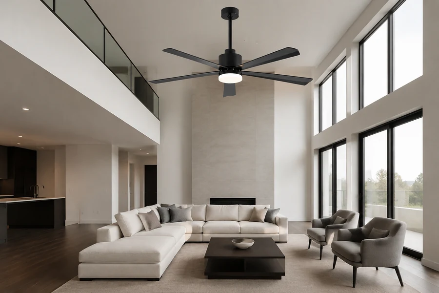 Double-height living room with a correctly scaled large ceiling fan product