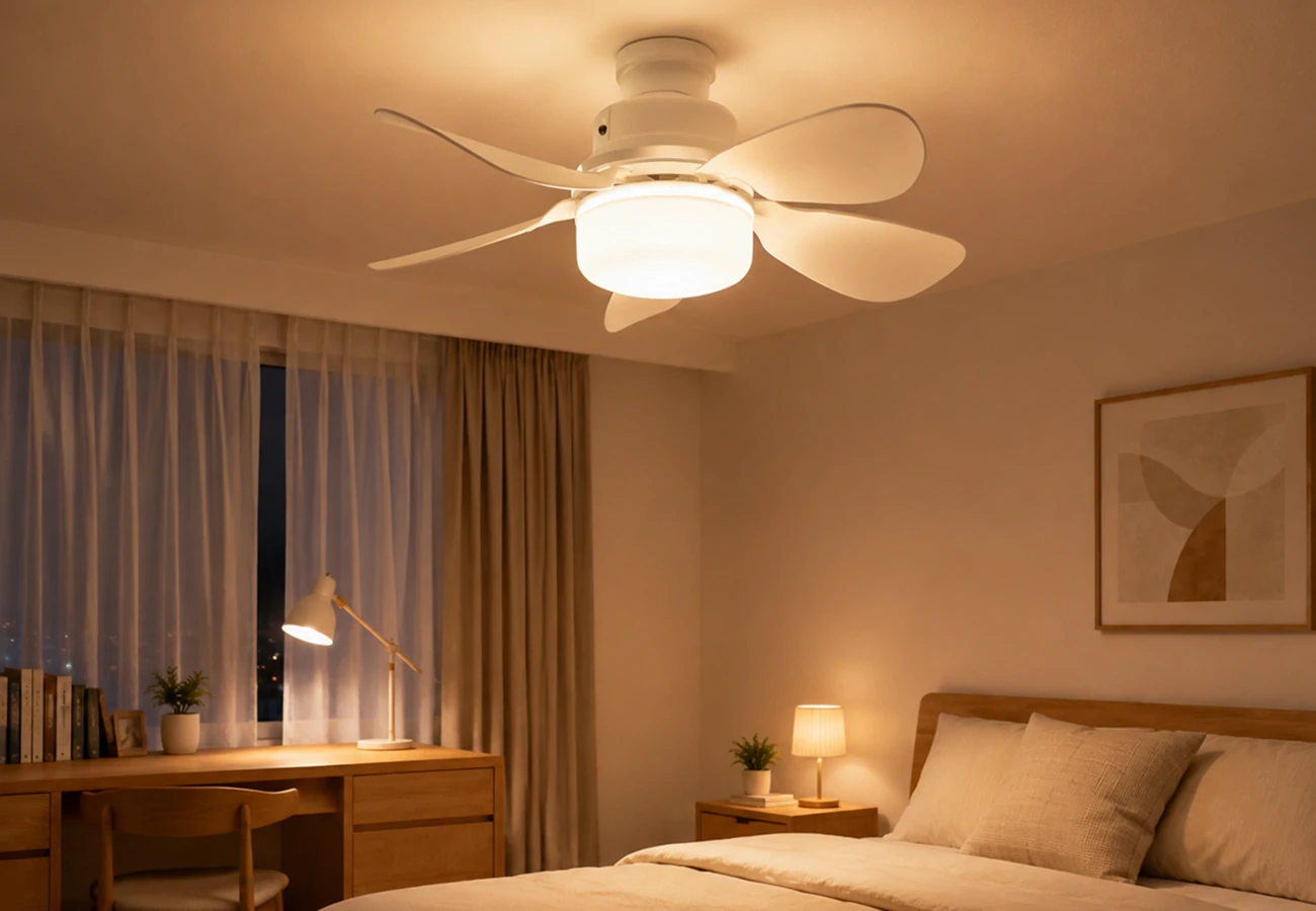 E27 socket fan with LED light and flexible blades
