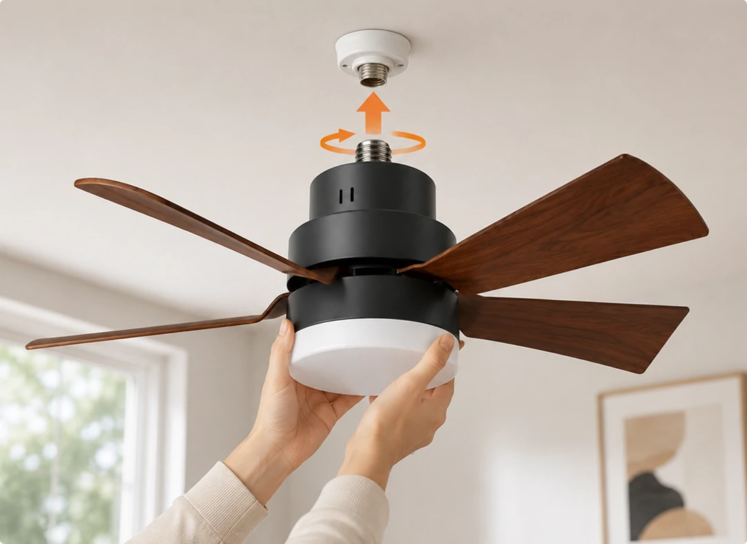 Socket fan light installed directly into a ceiling socket