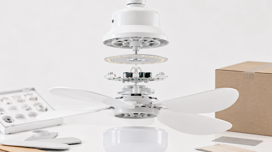 Fan light E27 exploded structure showing components for OEM development