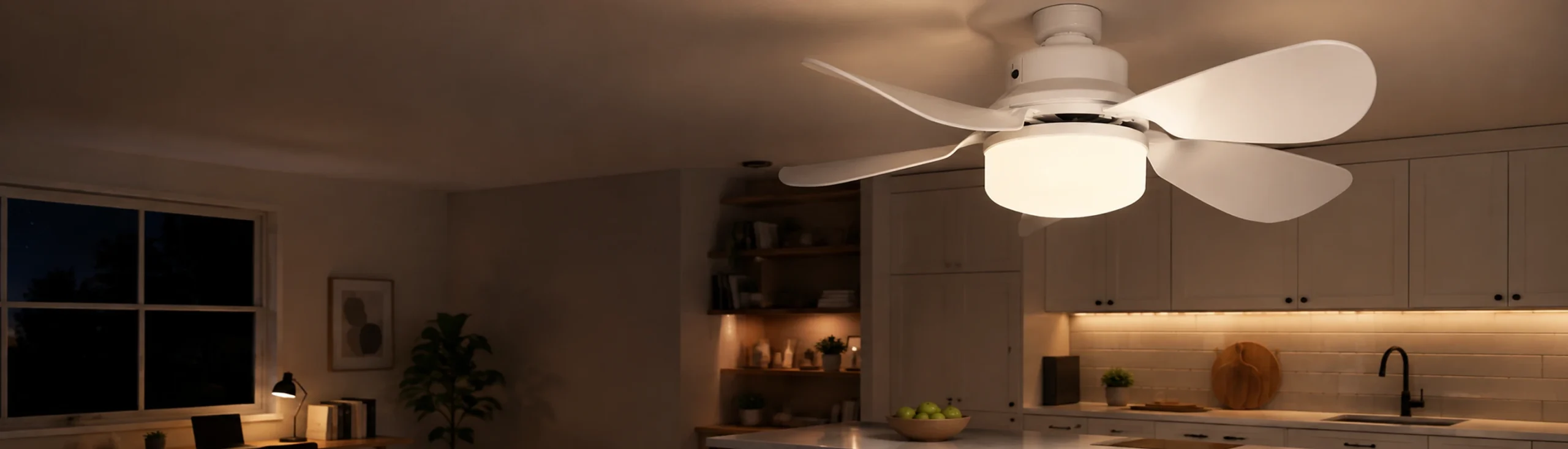 Fan light E27 socket ceiling fan installed in a modern kitchen at night