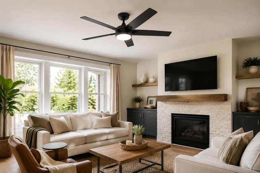 Fandelier versus ceiling fan airflow comparison in a living room