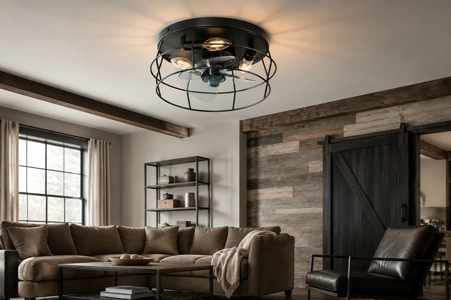Cage-style ceiling fan for farmhouse and rustic living rooms