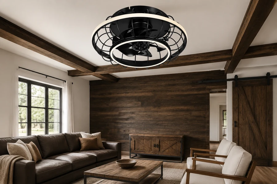 Final farmhouse versus rustic ceiling fan choice in a living room