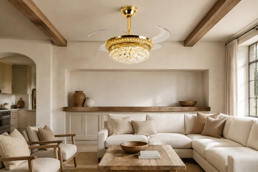 Farmhouse rustic ceiling fan finish comparison in a residential interior