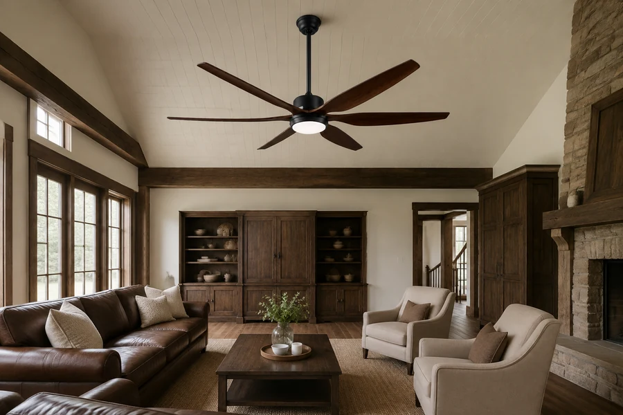 Farmhouse and rustic ceiling fan size and ceiling height in a living room