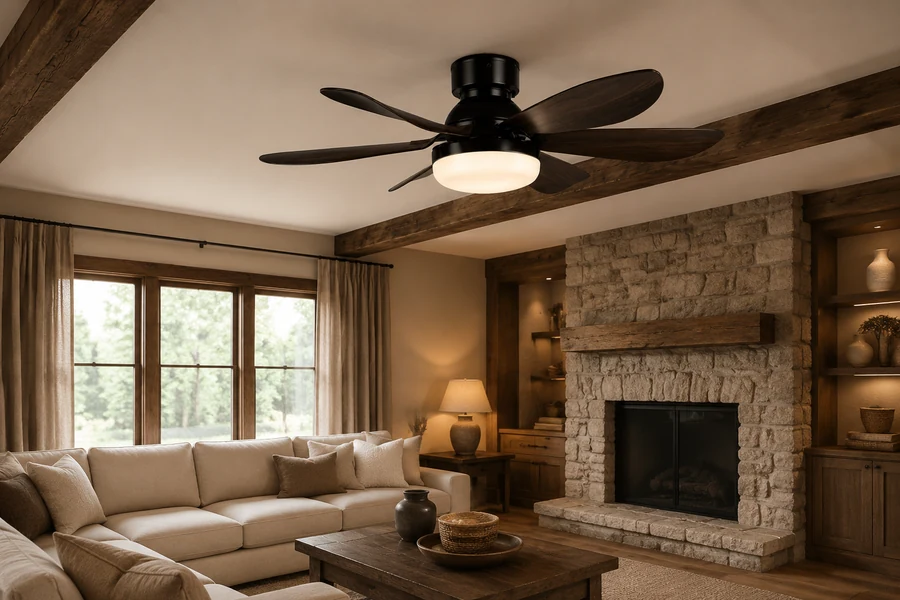 Farmhouse or rustic ceiling fan with light choice for a living room