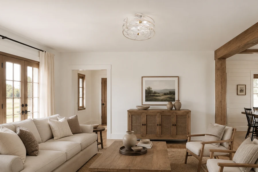 Smaller white woven cage ceiling fan light in a farmhouse living room