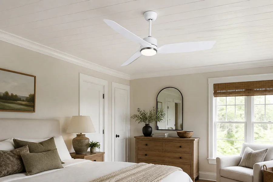 White ceiling fans in farmhouse interiors