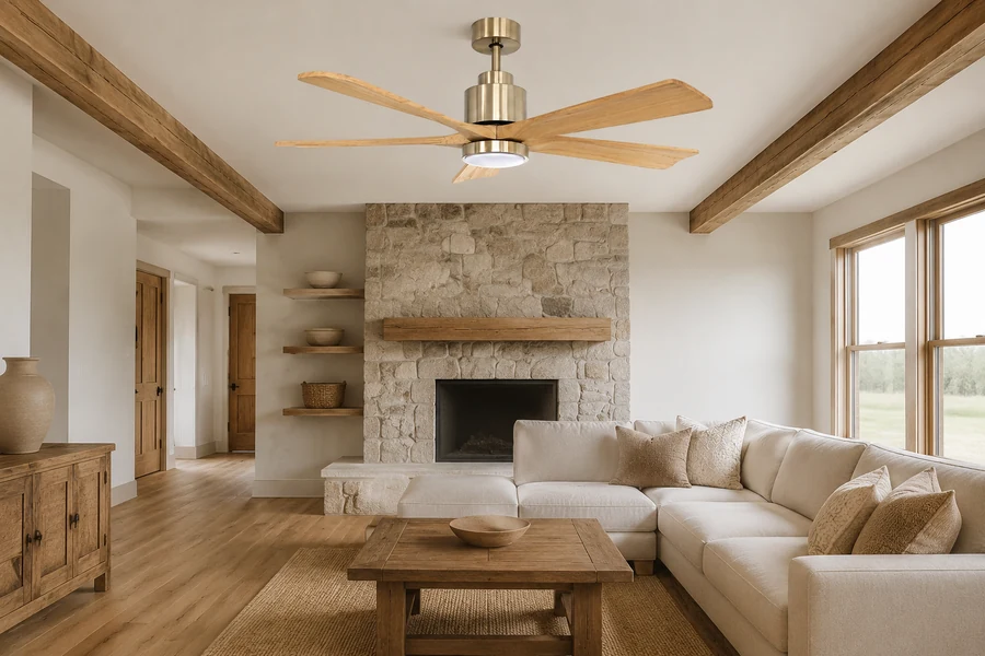 Farmhouse or rustic ceiling fan choice for a living room interior