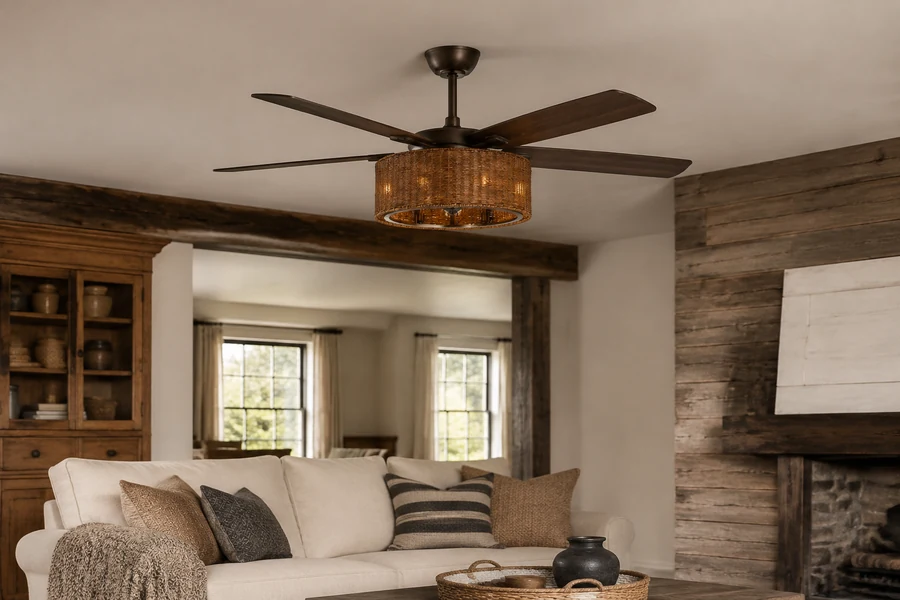 Farmhouse and rustic ceiling fan style difference with wood and woven finishes