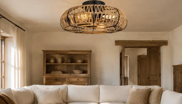 Farmhouse vs rustic ceiling fans in a warm living room with a real wood fan light product