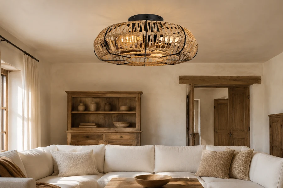 Farmhouse vs rustic ceiling fans in a warm living room with a real wood fan light product