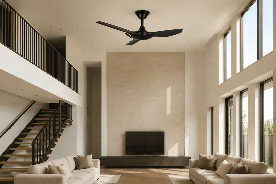Choosing a high-ceiling fan light for a double-height living room