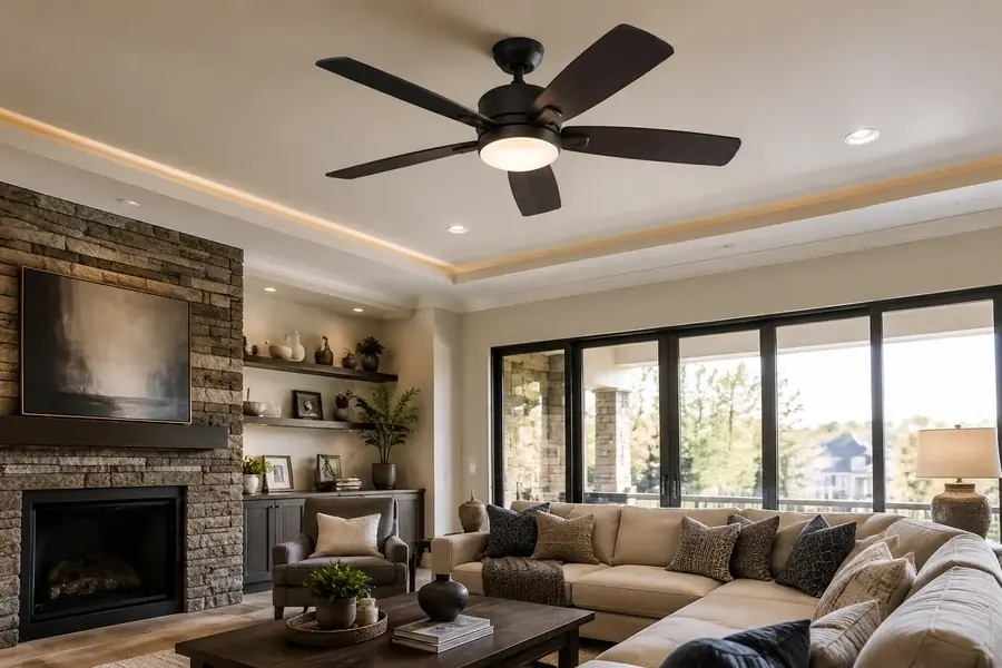 High-end ceiling fan blade quality in a living room