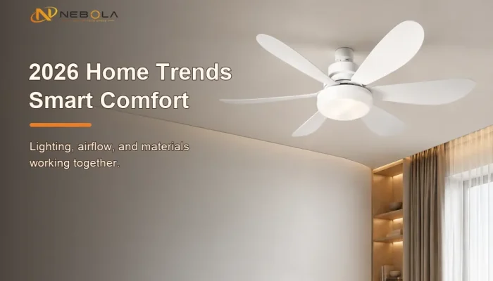 2026 home design trends hero banner with smart ceiling fan light