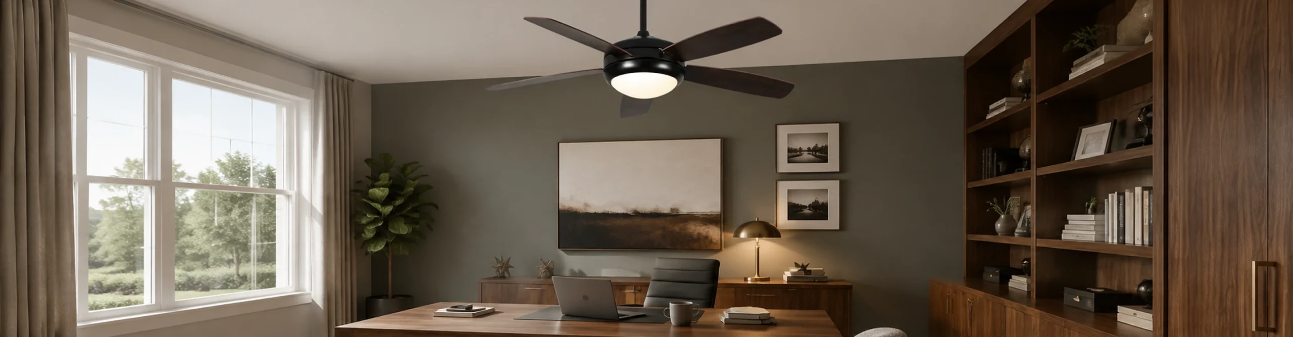 Modern home office ceiling fan light installed in premium residential workspace