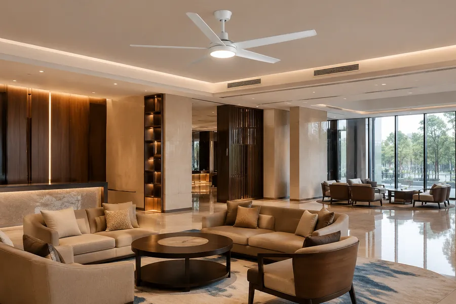 Hotel ceiling fan supporting HVAC comfort and energy efficiency