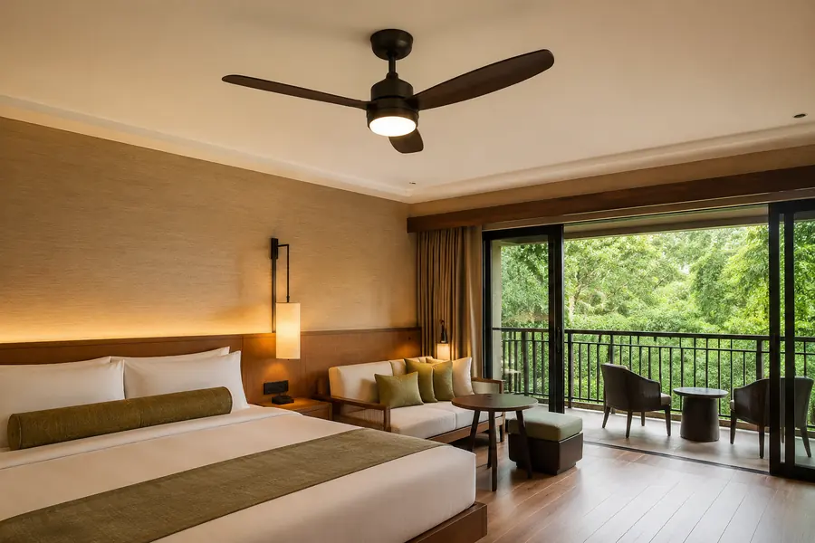 Hotel fan airflow planned across sleeping seating and balcony areas