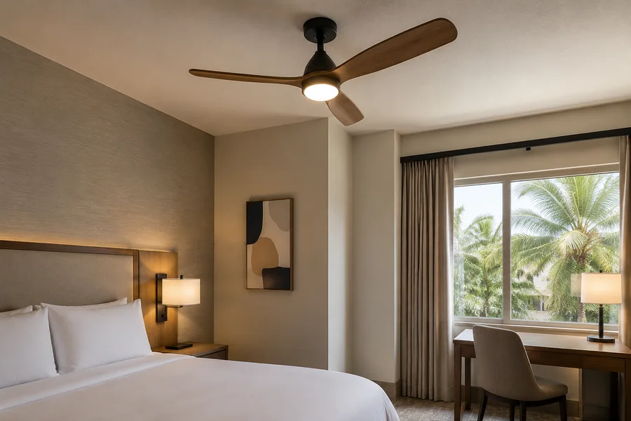 Hotel ceiling fan with light and simple guest controls