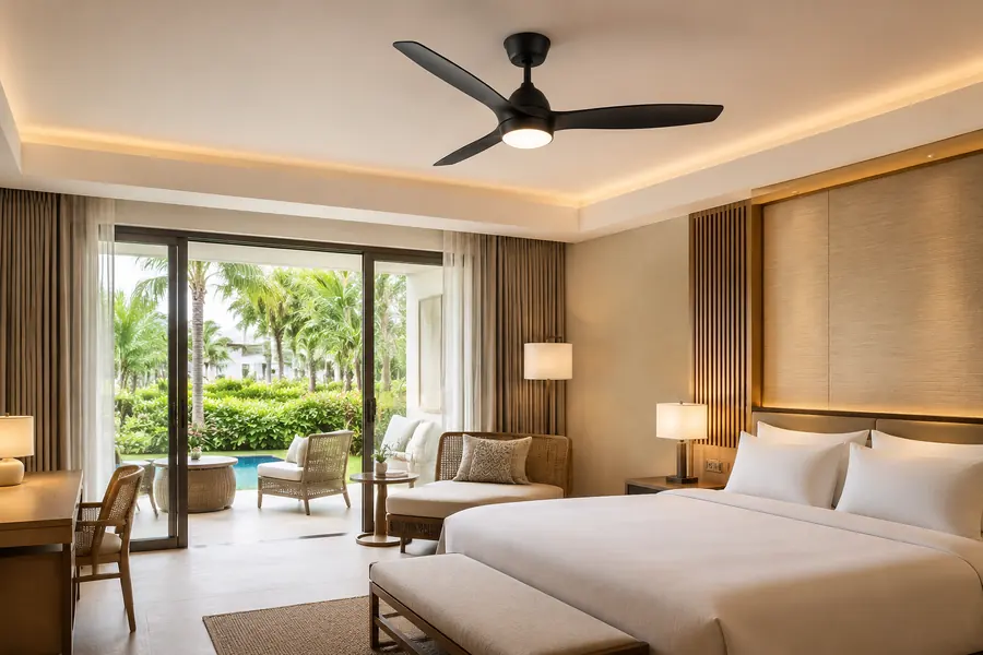 Hotel ceiling fan supporting quiet guest comfort in a refined room