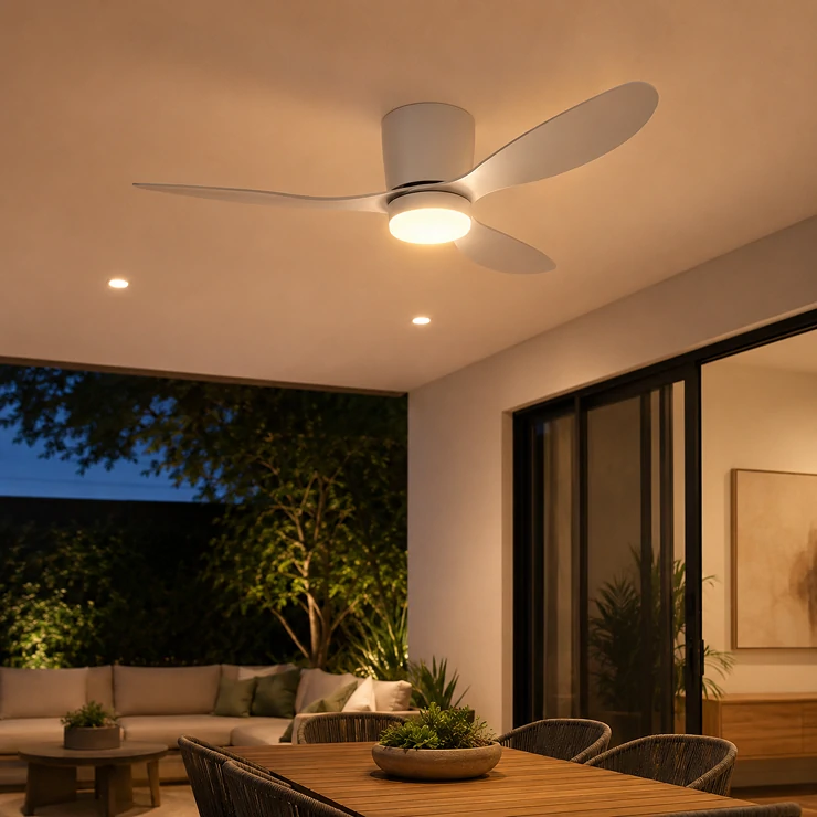 Integrated LED lighting within a contemporary patio ceiling fan