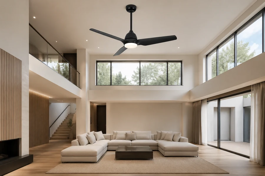 Large ceiling fan size for a wide double-height living room