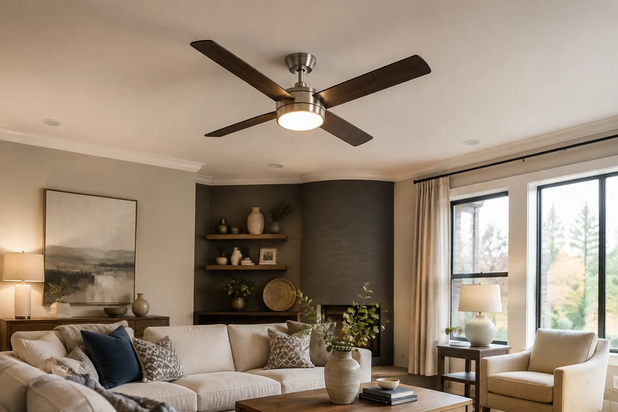Living room ceiling fan with integrated LED light