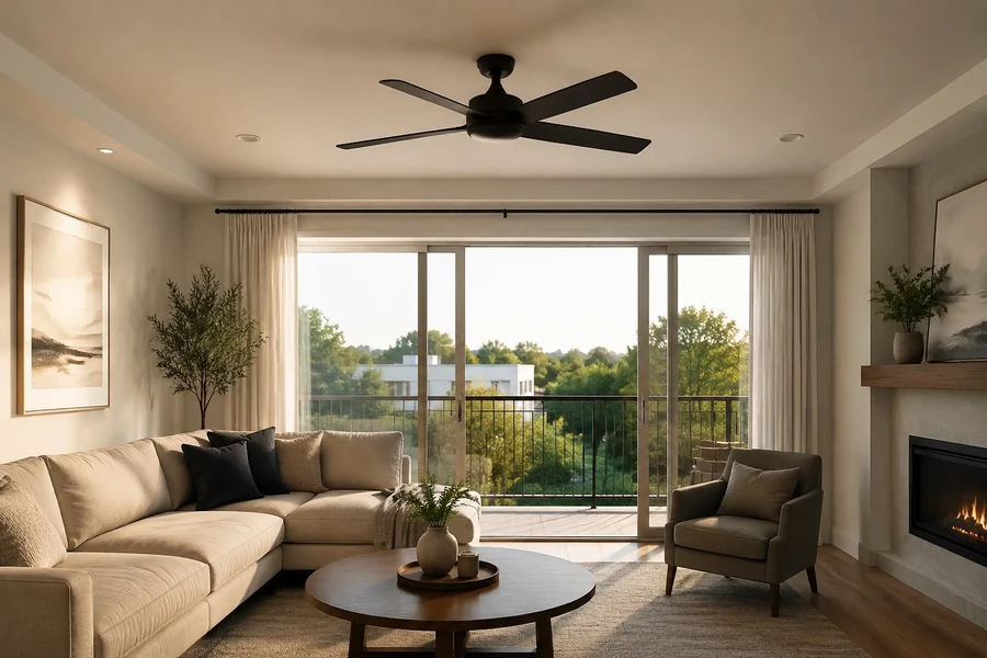 Living room ceiling fan without light with layered lighting