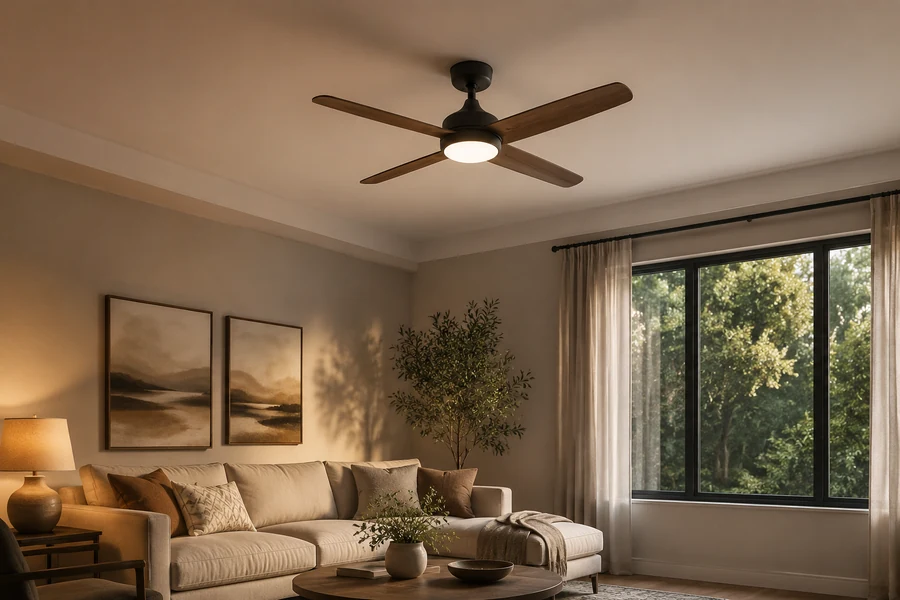 Living room materials and layout affecting ceiling fan noise