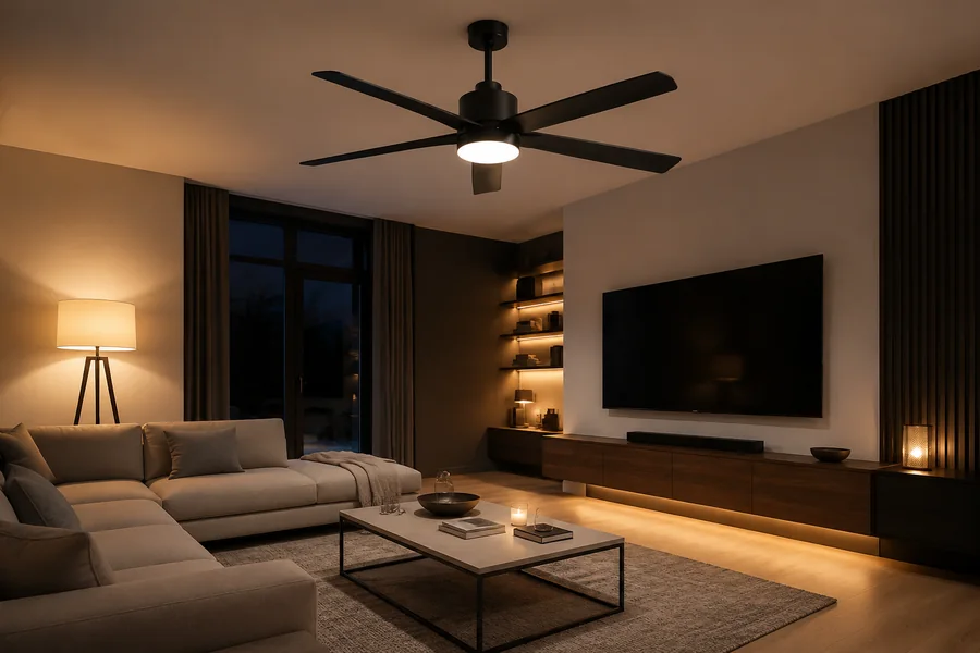 Living room layered lighting with decorative fan light