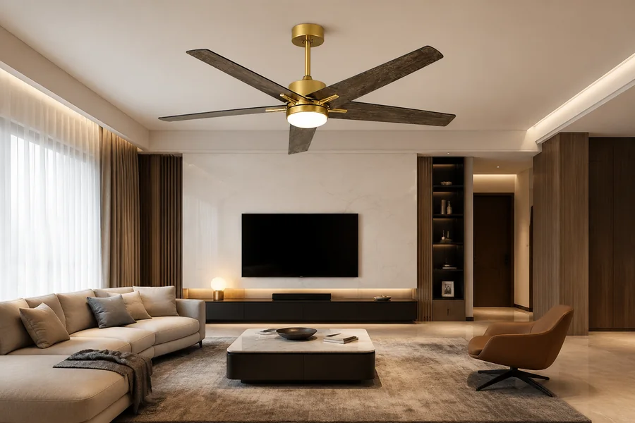 Living room styling details with decorative fan light