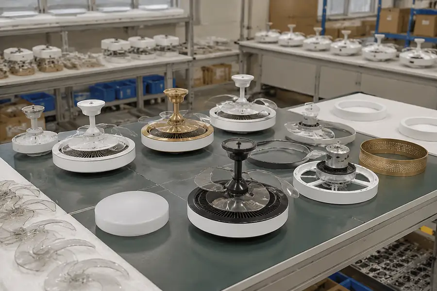 Factory assembly for compact low ceiling fan lights