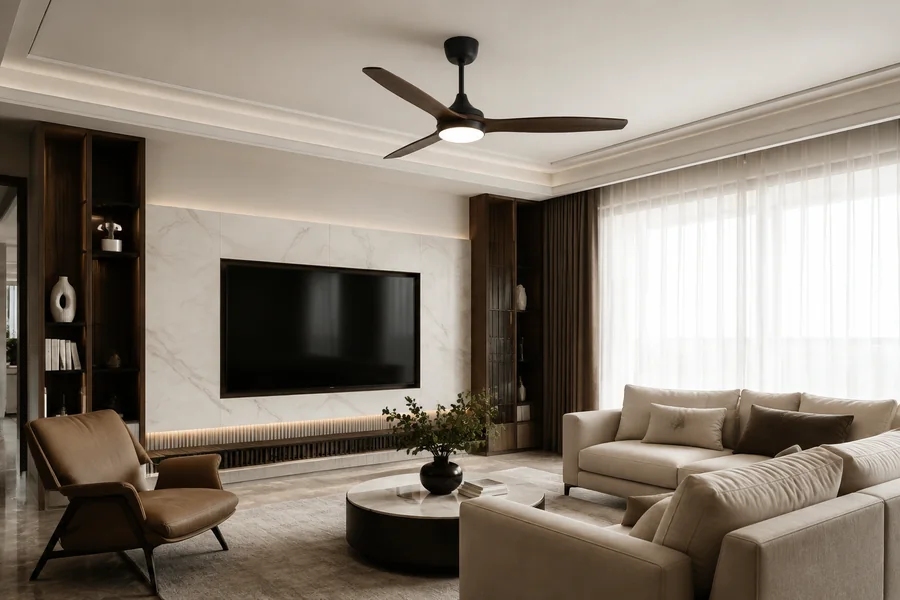 Luxury living room ceiling fan hero image with premium interior styling