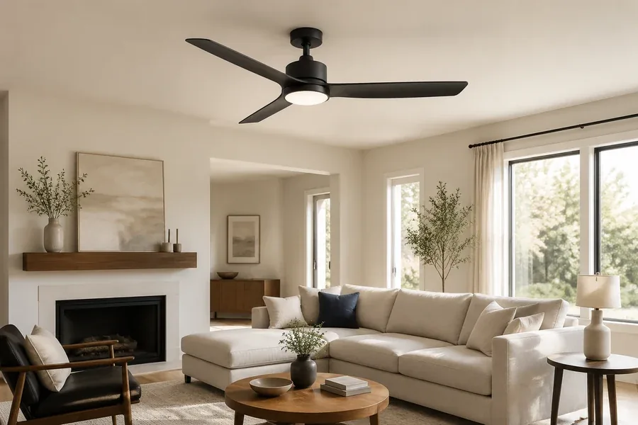 Minimalist ceiling fan in a calm living room